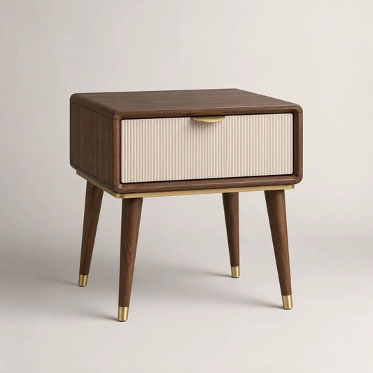 Comodino rettangolare con cassetto in MDF impiallacciato noce, marrone noce, crema e ottone, 50 × 40 × 60 cm