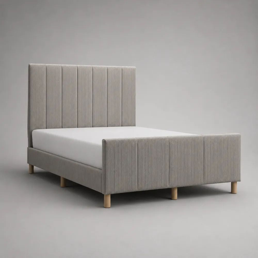 Letto matrimoniale imbottito in tessuto a coste grigio chiaro e naturale, 176 x 218 x 120 cm, per materasso 160 x 200 cm, con testiera alta e rete a doghe