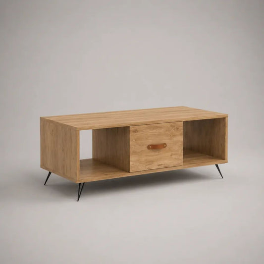 Tavolino da salotto rettangolare in truciolare melaminico effetto rovere con cassetto, 2 vani aperti e gambe in acciaio nero, 100 x 50 x 45 cm