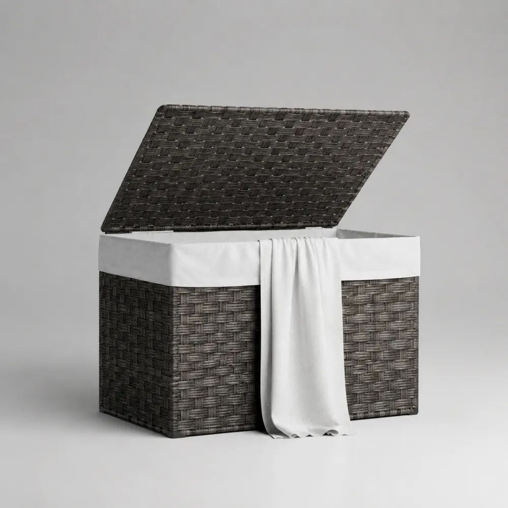 Cesto portabiancheria rettangolare con coperchio in rattan sintetico e struttura in acciaio, grigio e bianco, 60 × 40 × 60 cm