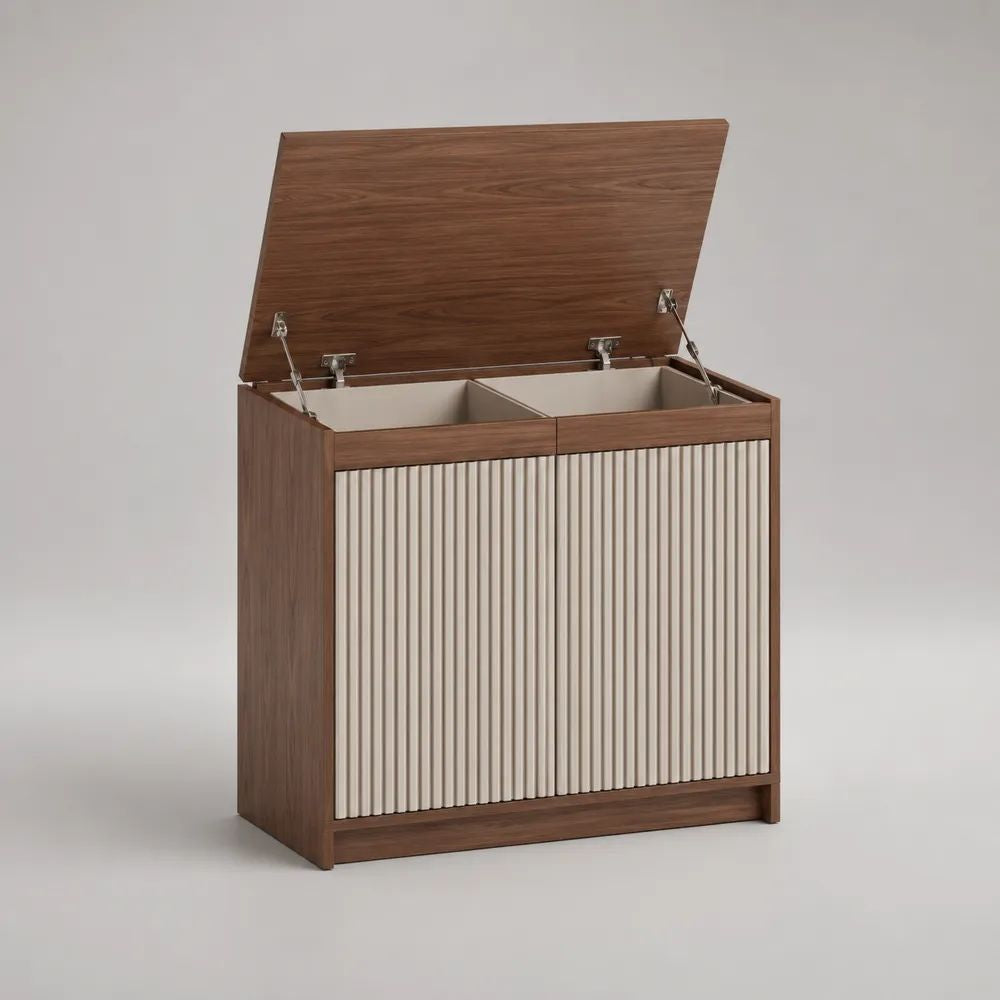 Mobile portabiancheria doppio in legno con coperchio, marrone noce e beige, 80 × 40 × 90 cm