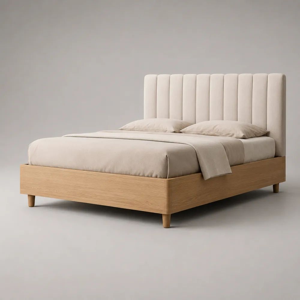 Letto contenitore matrimoniale 160 x 200 cm beige e rovere naturale con testiera imbottita e struttura in legno
