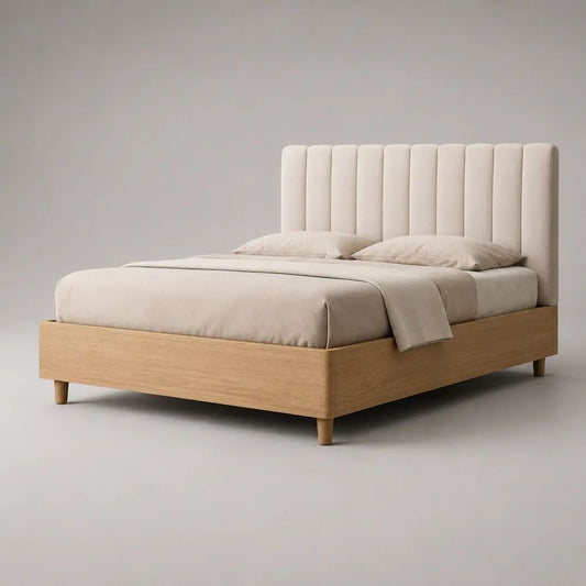 Letto contenitore matrimoniale 160 x 200 cm beige e rovere naturale con testiera imbottita e struttura in legno