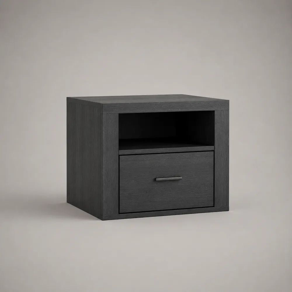 Comodino rettangolare nero in pannello truciolare melaminico con cassetto e vano aperto, 50 x 40 x 50 cm
