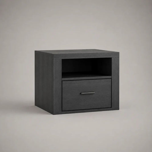 Comodino rettangolare nero in pannello truciolare melaminico con cassetto e vano aperto, 50 x 40 x 50 cm