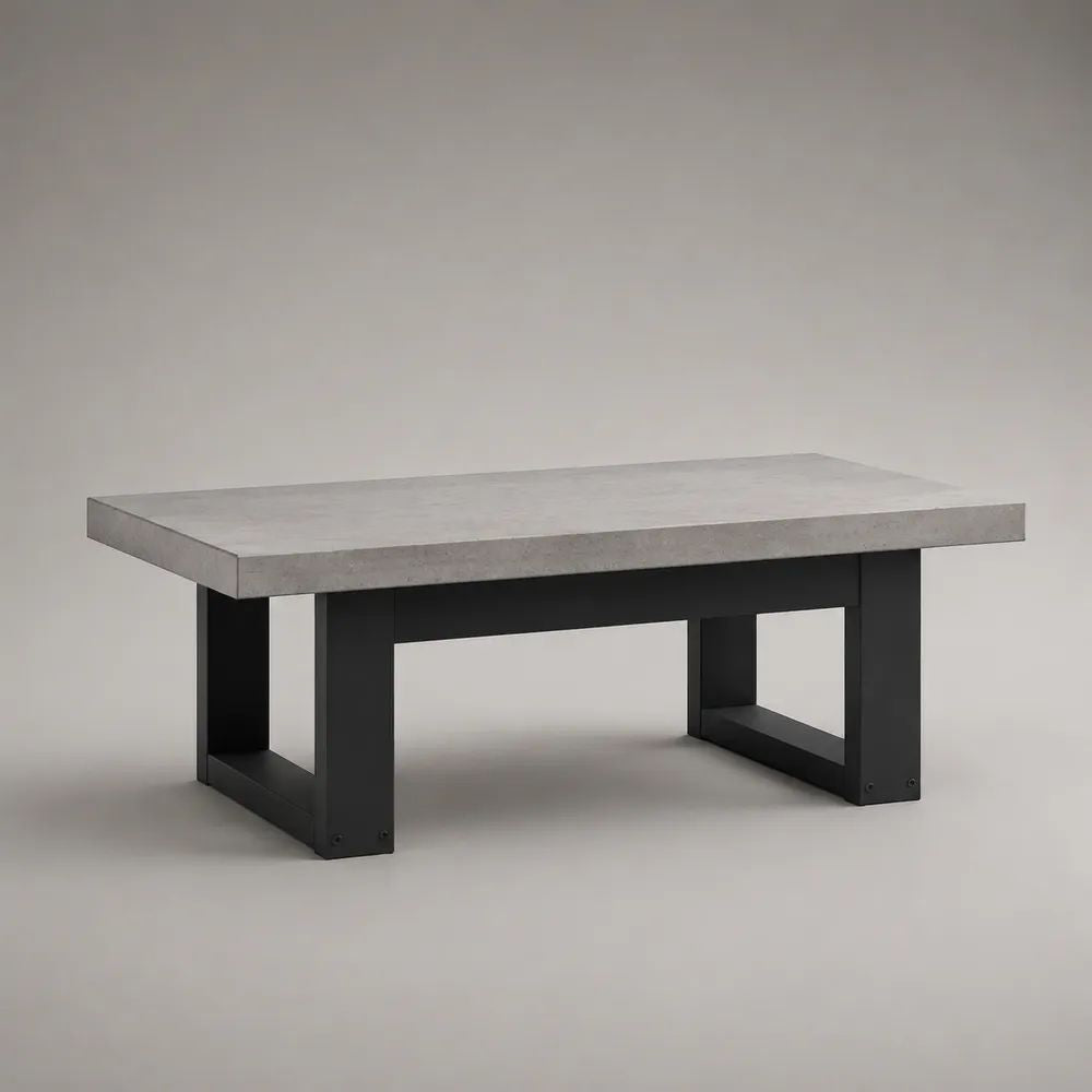 Tavolino da salotto rettangolare in MDF melaminico e acciaio, grigio cemento e nero, 100 x 50 x 45 cm