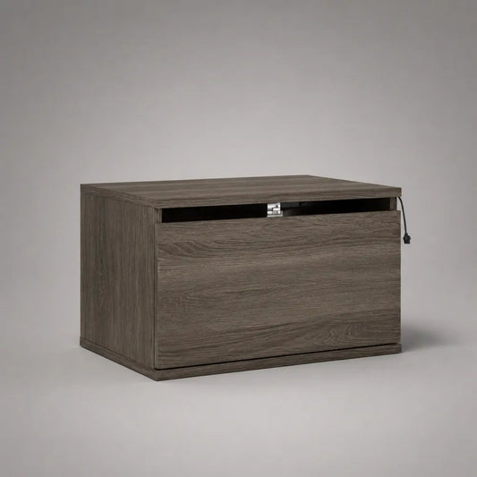 Comodino rettangolare in truciolare melaminico con cassetto e illuminazione LED, grigio rovere/nero, 60 x 40 x 45 cm