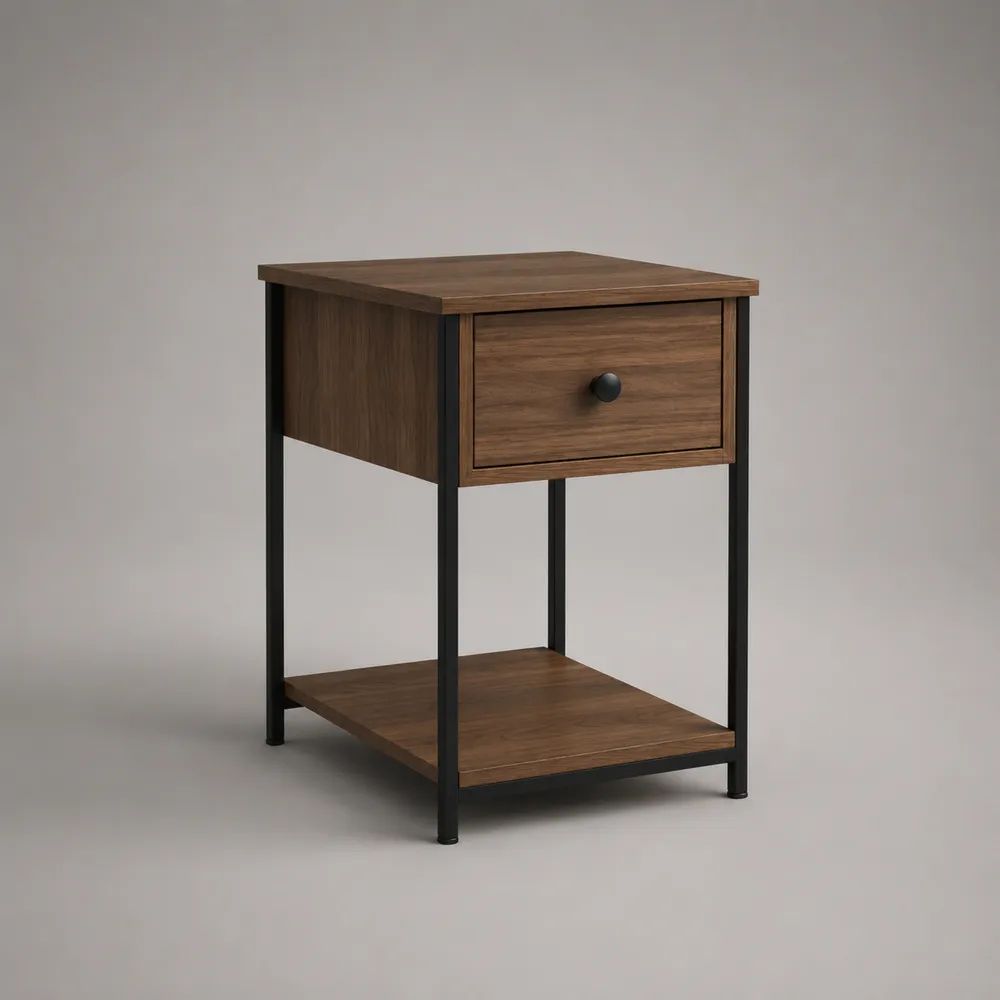 Comodino rettangolare con cassetto e ripiano in legno e metallo, marrone noce e nero, 40 × 35 × 60 cm
