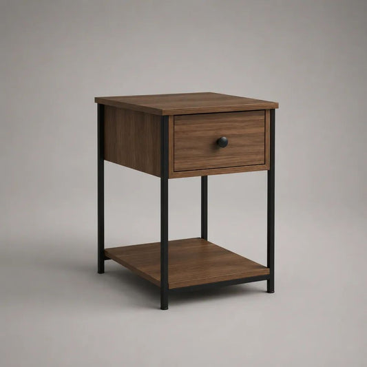 Comodino rettangolare con cassetto e ripiano in legno e metallo, marrone noce e nero, 40 × 35 × 60 cm