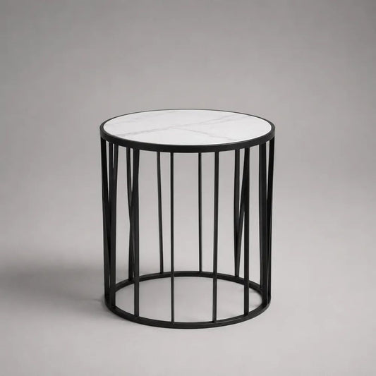 Tavolino rotondo in MDF effetto marmo bianco e grigio con struttura in acciaio nero, Ø 50 x H 55 cm