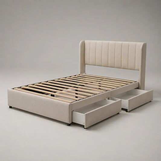 Letto matrimoniale imbottito beige 171 x 218 x 110 cm, per materasso 160 x 200 cm, con rete a doghe e 2 cassetti