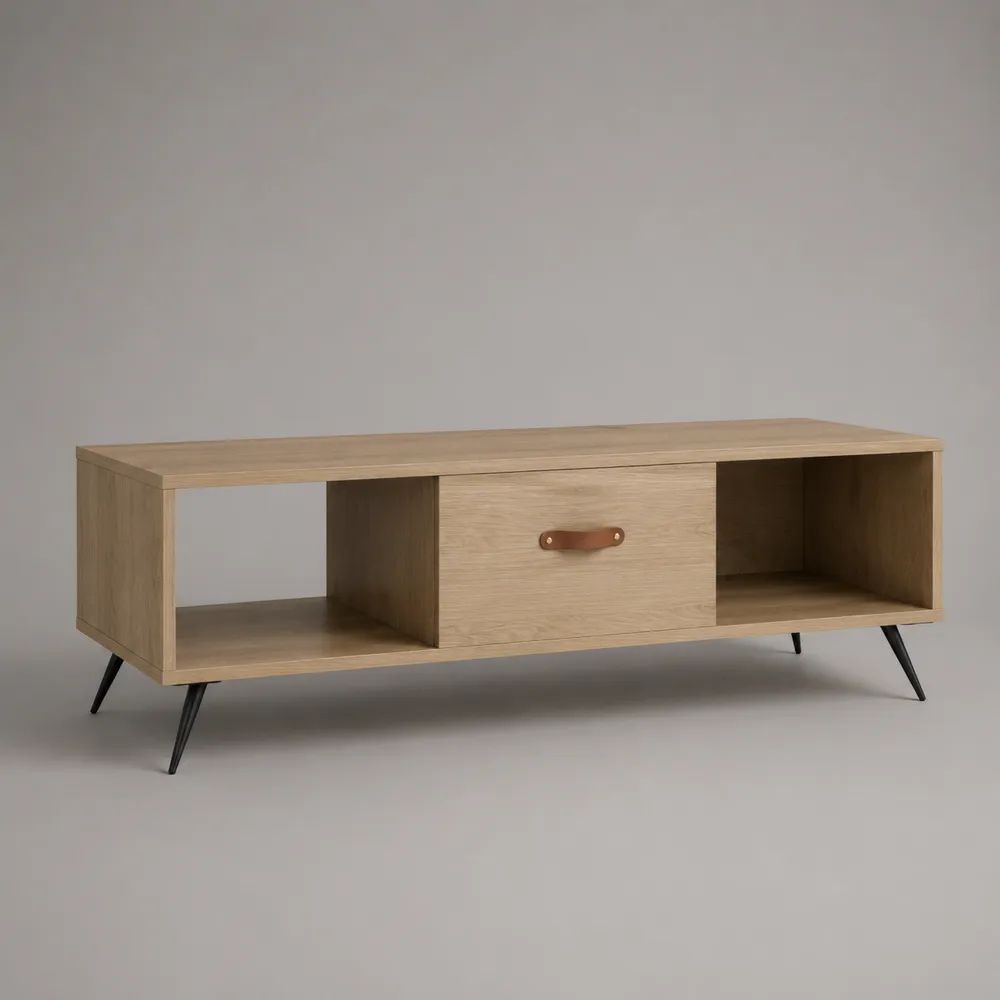 Tavolino da salotto rettangolare con cassetto e 2 vani, in pannello truciolare e metallo, 110 x 55 x 45 cm, rovere naturale e nero