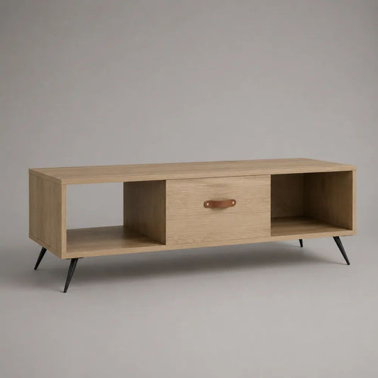 Tavolino da salotto rettangolare con cassetto e 2 vani, in pannello truciolare e metallo, 110 x 55 x 45 cm, rovere naturale e nero